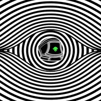 a black and white optical illusion with a green object in the middle of it .