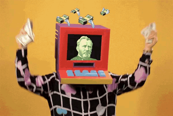 a person with a computer on their head holding a bunch of money