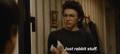 a man wearing glasses is holding a cat and saying `` just rabbit stuff '' .