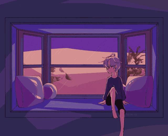 a drawing of a person sitting on a window sill looking out the window
