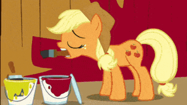 a cartoon pony is painting a wall with a brush and buckets of paint