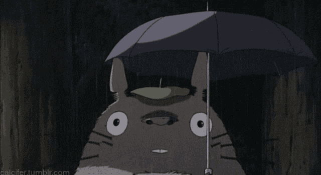 a cartoon totoro is holding an umbrella and smiling