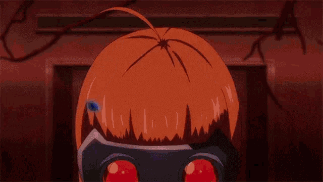 a girl with red eyes and a mask on her face is surrounded by blue flames .