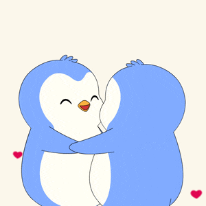 two blue penguins kissing with a red heart in the air