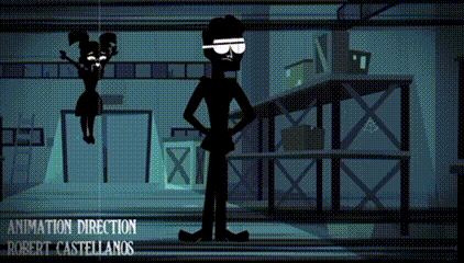 a cartoon of a man standing in front of a woman hanging from a crane with the words animation direction below him