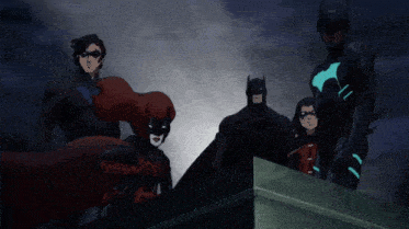a group of cartoon characters including batman and robin are standing next to each other