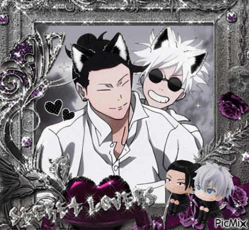 a picture of two anime characters with cat ears and a heart with the word love written on it