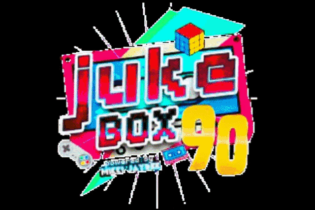 a colorful logo for juke box 90 with a video game controller and a rubik 's cube