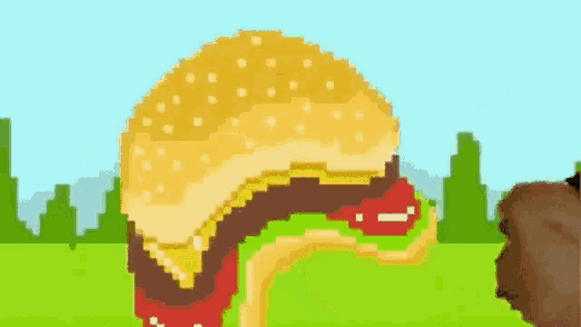 a pixel art of a hamburger being eaten by a man