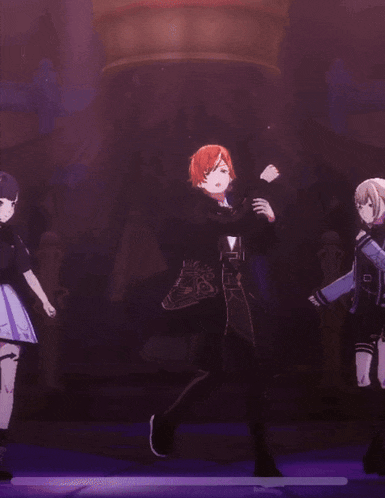 three anime characters are dancing on a stage