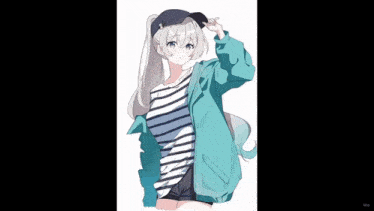 a girl with white hair is wearing a blue jacket and striped shirt