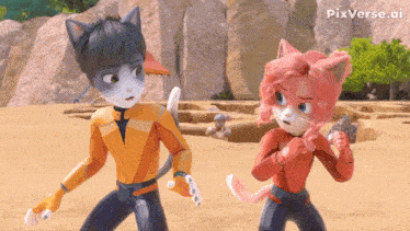 a couple of cartoon cats standing next to each other with pixverse.ai written on the bottom
