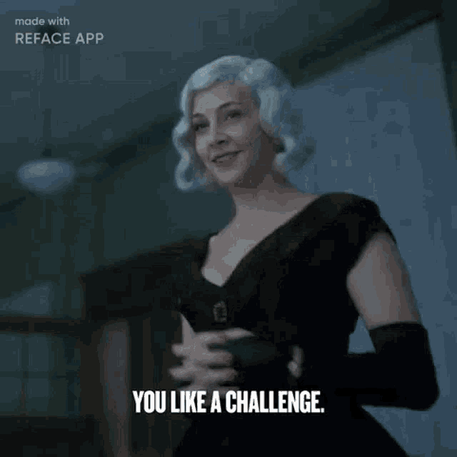 a woman in a black dress is smiling and saying `` you like a challenge . ''