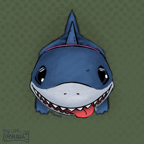 a drawing of a shark with a tongue sticking out and the name jenush written below it