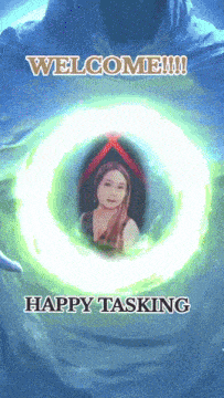 a picture of a woman with the words welcome and happy tasking below it