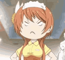 a cartoon girl with orange hair and a maid outfit is making an angry face .