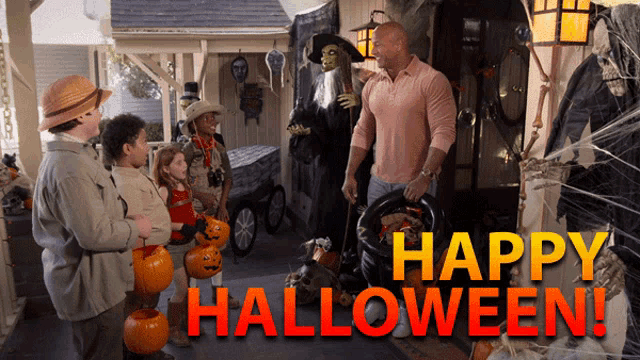 a group of people standing in front of a house with the words happy halloween