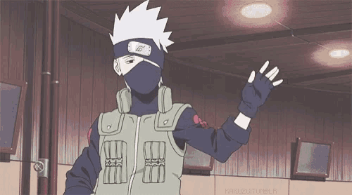 kakashi hatake from naruto is wearing a mask and giving a high five while standing in a room .