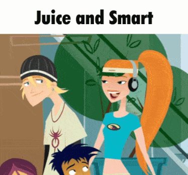 a poster for juice and smart with cartoon characters on it