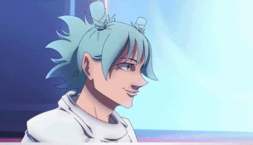 a drawing of a girl with blue hair and a white shirt