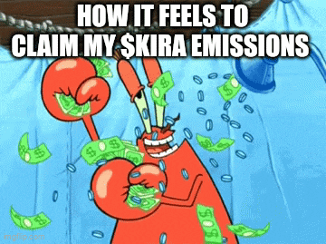 a cartoon of a crab holding money with the caption how it feels to claim my skira emissions .