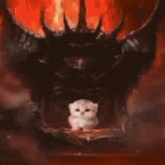 a small white cat is sitting in front of a demon .