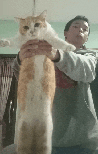 a man is holding a cat that is very long