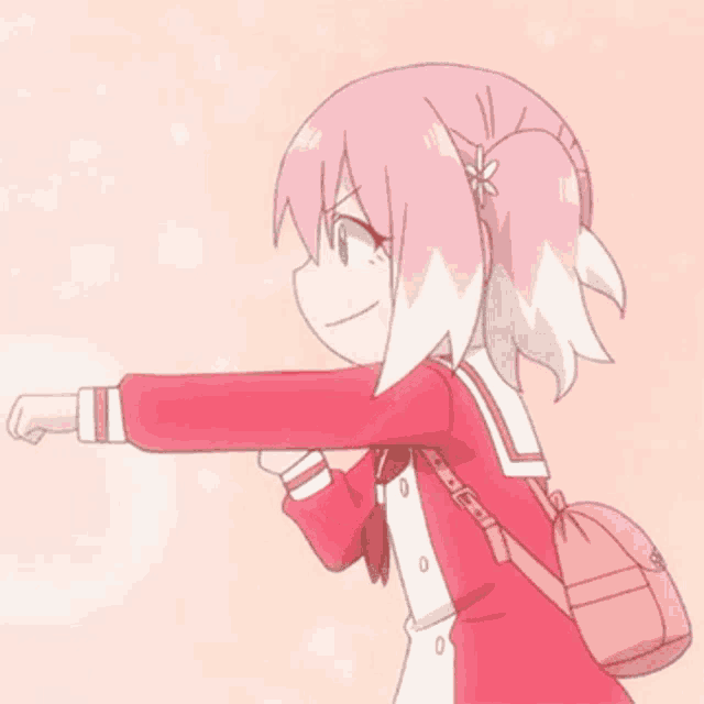 a cartoon girl with pink hair and a backpack