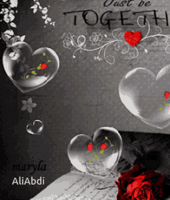 a sign that says just be together is surrounded by hearts and flowers