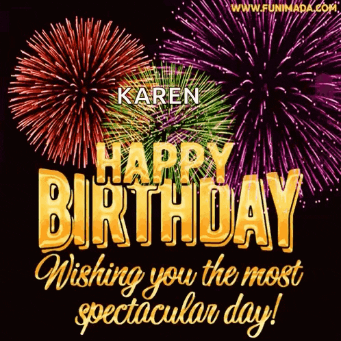 a happy birthday card with fireworks and the name karen on it