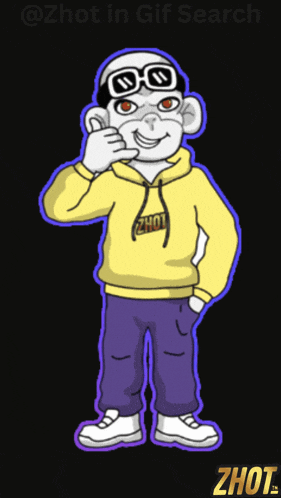 a cartoon character with a yellow hoodie and purple pants