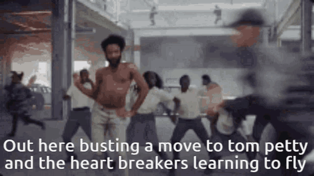 a group of people are dancing in a room with the words out here busting a move to tom petty and the heartbreakers learning to fly