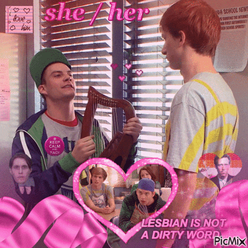 a picture of a man holding a harp with the words lesbian is not a dirty word in the corner