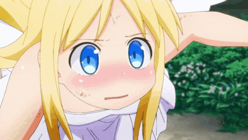 a blonde anime girl with blue eyes and a white top