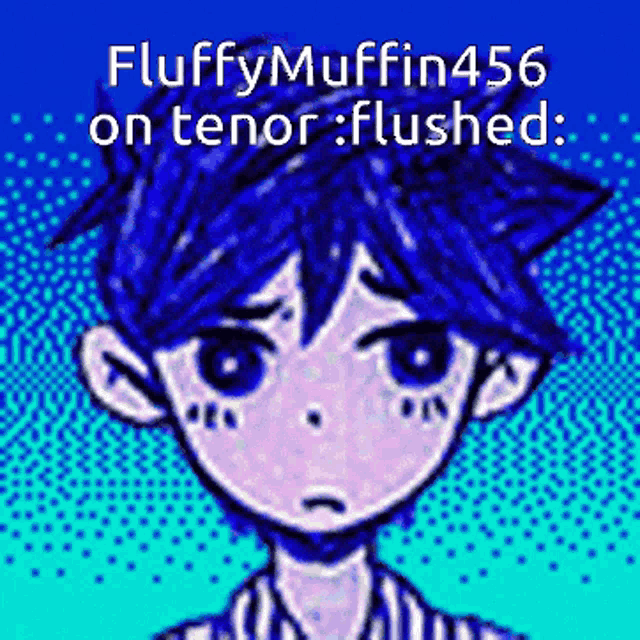 a pixel art of a boy with blue hair and the words fluffy muffin 456 on tenor flushed .