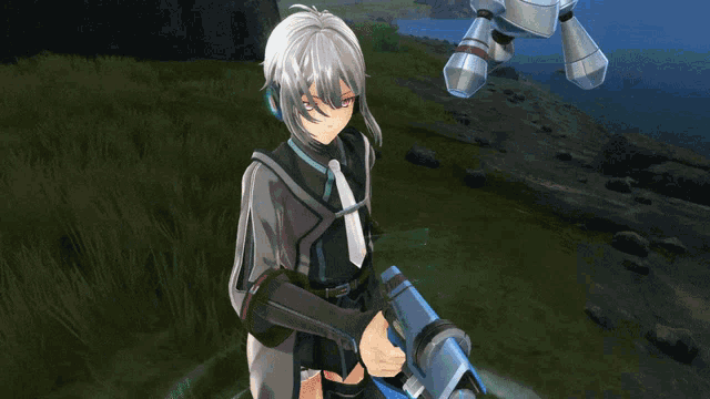 a video game character is holding a gun and a screen displays the word ' dangerous ' on it