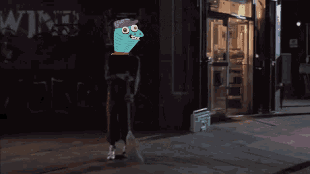 a cartoon character is standing on a sidewalk in front of a building that says wind
