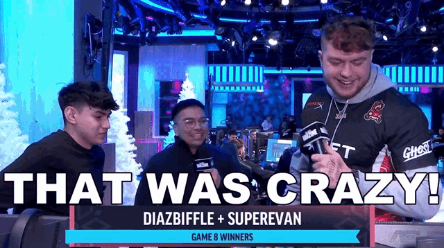 a man holding a microphone with the words that was crazy on the bottom