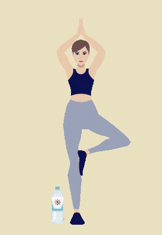 a pixel art drawing of a woman standing on one leg next to a bottle of water