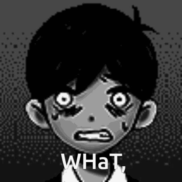 a black and white drawing of a boy with white eyes and the words `` what '' written on his face .