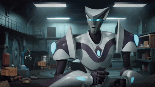 a robot with blue eyes is standing in a room