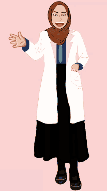a cartoon illustration of a woman wearing a hijab and a lab coat