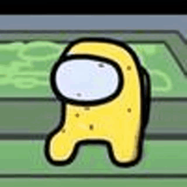 a yellow among us character is standing on a green floor in a room .