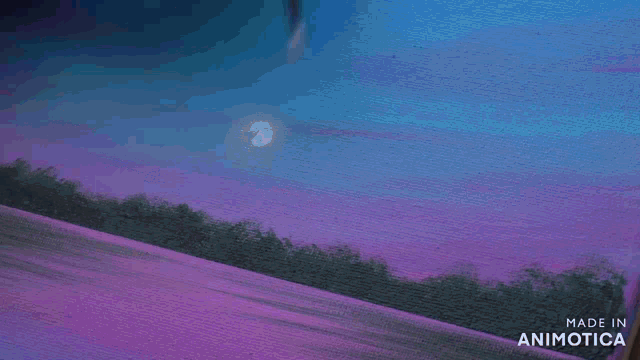 a person is painting a purple and blue landscape on a canvas made in animatica