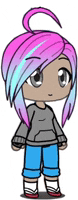 a cartoon character with pink and blue hair is wearing a gray sweater and blue shorts .