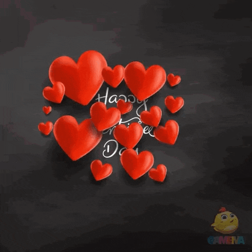 a happy valentine 's day greeting card with red hearts on a black background