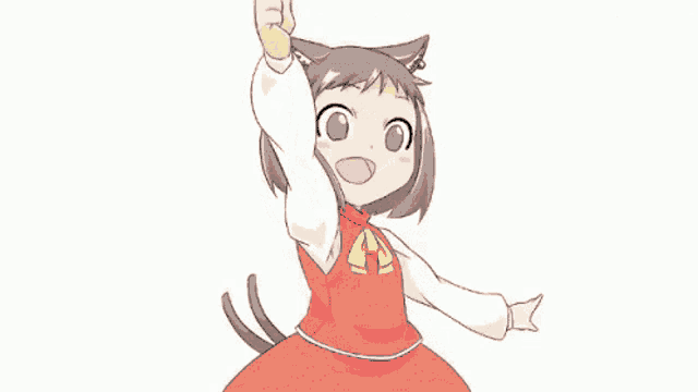 a cartoon girl in a red dress with cat ears is pointing up .