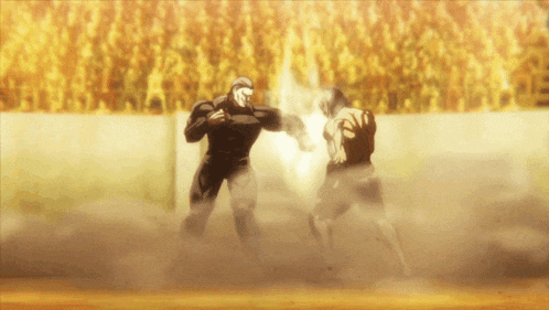 two fighters are fighting in front of a crowd of people