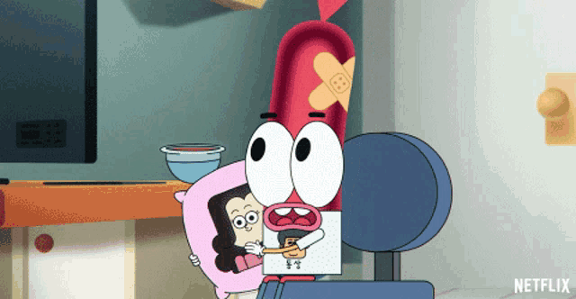 a cartoon of a sausage with a bandage on his head is being hugged by a little girl