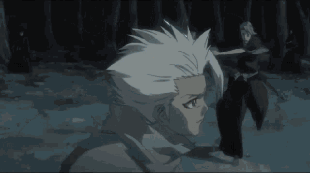 a man with white hair is holding a sword and standing next to another man .